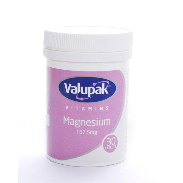 A white plastic bottle with a purple label displays Valupak Magnesium Tablets 187.5mg (30 count) and has a white screw cap. The simple design, mainly in white and purple, suggests support for joint inflammation relief.