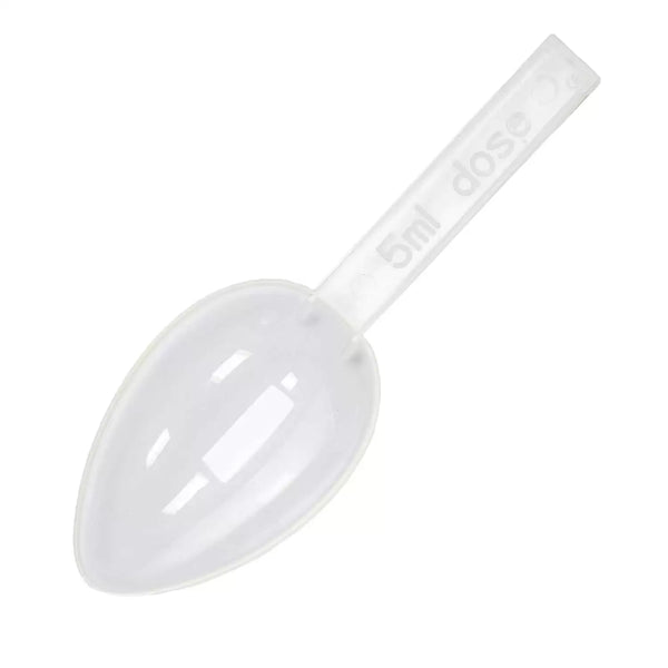 The Generic Clear Spoons (ONE PLASTIC PACK) feature a transparent plastic dosing spoon with precise 5ml measurements on the handle, ensuring accurate medicine dosage. This dishwasher-safe spoon is set against a plain white background.