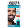 A box of Just For Men Brush In Gel Real Black (1), featuring a smiling man with a thick black beard and moustache. The packaging highlights grey hair elimination and contains keratin for a thicker-looking beard. This Just For Men product uses an easy brush-in gel to target greys for natural-looking results.