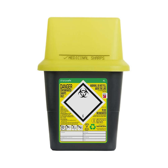 The Sharpsafe 4L tub, a yellow and black medicinal sharps container, features a wide aperture and biohazard symbol. Its label warns of danger, promoting cost-effective disposal of needles and syringes. The partially open lid is designed for contaminated sharps waste.