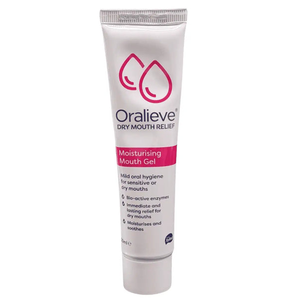 A 50ml tube of Oralieve Moisturising Mouth Gel, with a pink label and white cap, provides mild oral care for dry mouth using saliva-mimicking bio-active enzymes for fast, long-lasting relief.