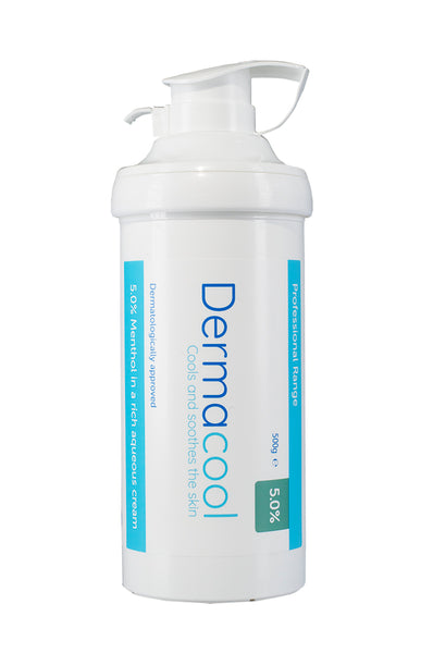 The Dermacool Pump Dispenser Menthol Aqueous Cream 5% (500g) is a white bottle from Dermacools Professional Range, labeled Cools and soothes the skin, offering relief for skin conditions.