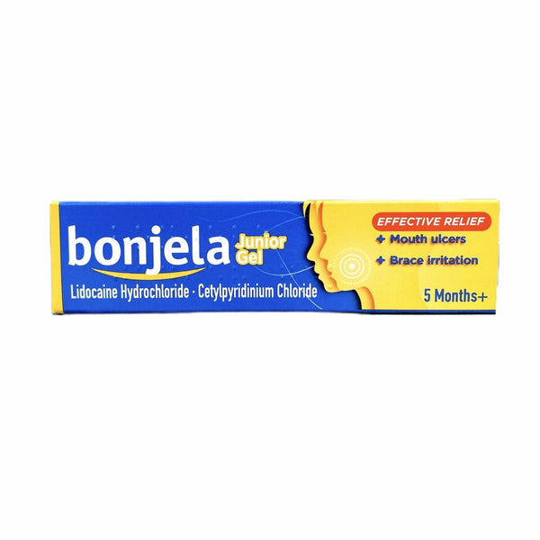 Bonjela Junior Gel (15g) provides banana-flavored relief for mouth ulcers and brace irritation in infants over 5 months. The blue and yellow box lists Lidocaine Hydrochloride and Cetylpyridinium Chloride as ingredients.