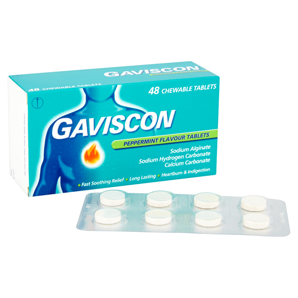 Gaviscon Chewable Peppermint (48 Tablets) by Gaviscon offers heartburn and indigestion relief. The package features a comforting image, with a front blister pack showing round white tablets.