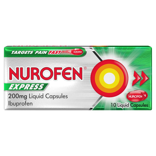 Nurofen Express 200mg Liquid Capsules offer fast pain relief with 10 capsules per box. The packaging features a green, white, and red design that emphasizes its swift pain-targeting ability.