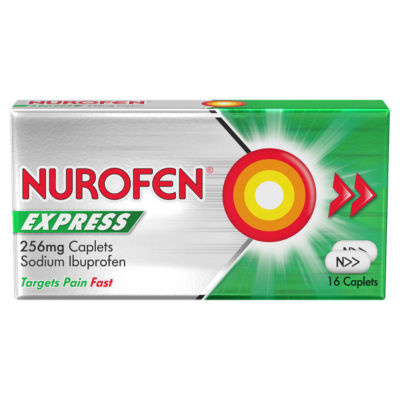 Nurofen Express 256mg Caplets (16 caplets) offers fast-acting headache relief. The silver packaging has a red, yellow, and white target design.