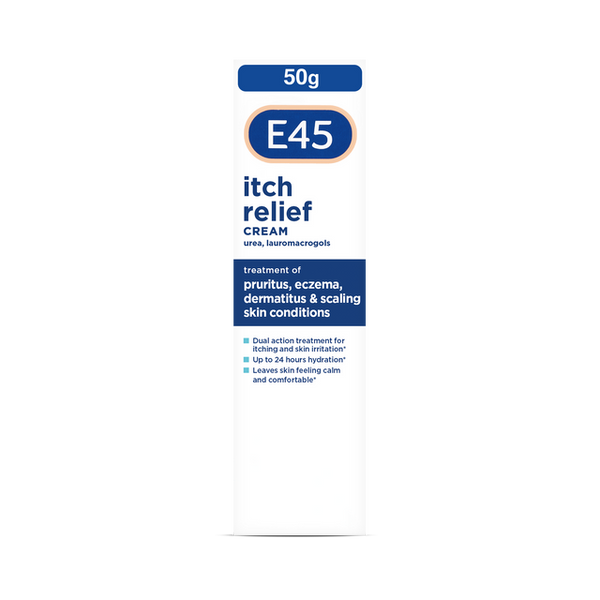 A white and blue box of E45 Itch Relief Cream (50g) promotes its effectiveness for eczema, soothing pruritus, dermatitis, and scaling. It features lauromacrogols for itch relief and offers up to 24-hour hydration.