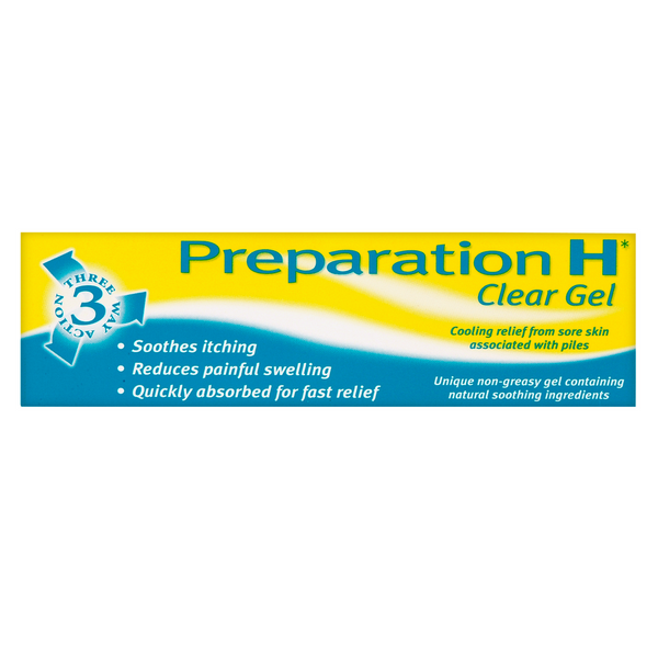 Preparation H Clear Gel (25g) by Preparation comes in blue, yellow, and white packaging highlighting its benefits: it quickly absorbs to soothe itching, reduce painful swelling, and offer cooling gel relief for effective hemorrhoid care.