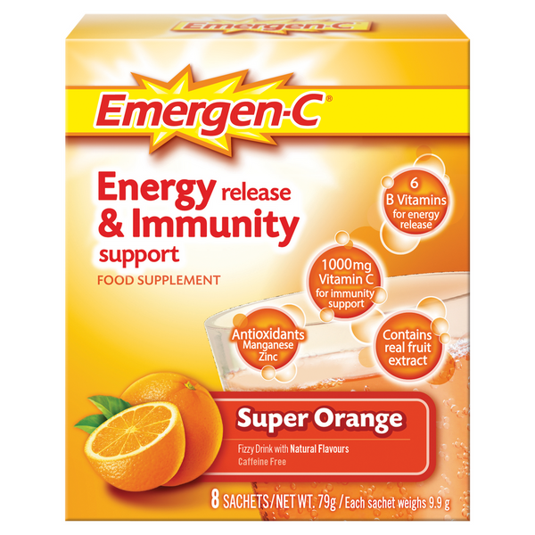 The Emergen-C Super Orange Energy by Emergen includes 8 sachets with 1000mg of Vitamin C, antioxidants like manganese and zinc, B vitamins, and real fruit extract for energy release and immune support.