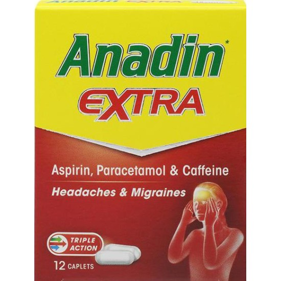 Anadin Extra Aspirin Paracetamol and Caffeine (Caplets 12) offers triple action pain relief for headaches and migraines. The packaging features head pain graphics and prominently highlights its Triple Action promise from the Anadin brand.