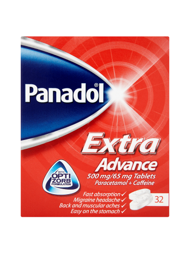 Panadol Extra Advance 500mg/65mg tablets come in a red and blue box, contain paracetamol and caffeine, promise quick pain relief with fast absorption for migraines, have 32 tablets, and feature the Optizorb technology.