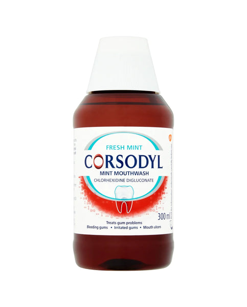 Corsodyl Chlorhexidine Mouthwash - Fresh Mint (300ml) offers a refreshing mint flavor, ideal for treating gingivitis and preventing gum disease. It addresses bleeding gums, irritation, and mouth ulcers with its chlorhexidine digluconate solution.