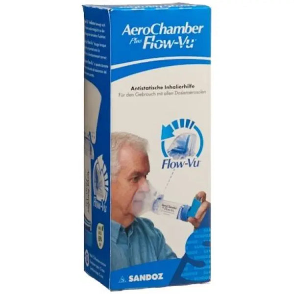 The AeroChamber Blue Large Mask Flo Vu box features a person using the device with an inhaler. The primarily blue packaging includes white text and AeroChamber branding, emphasizing its role as an effective respiratory aid.