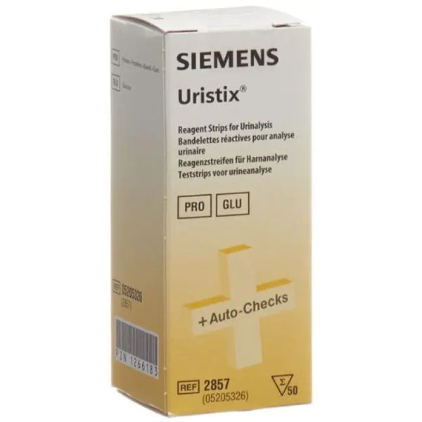 Siemens Uristix (50Pcs) reagent strips for urinalysis are ideal for visual analysis. The multilingual packaging includes a cross symbol with + Auto-Checks. Product reference number: 2857.