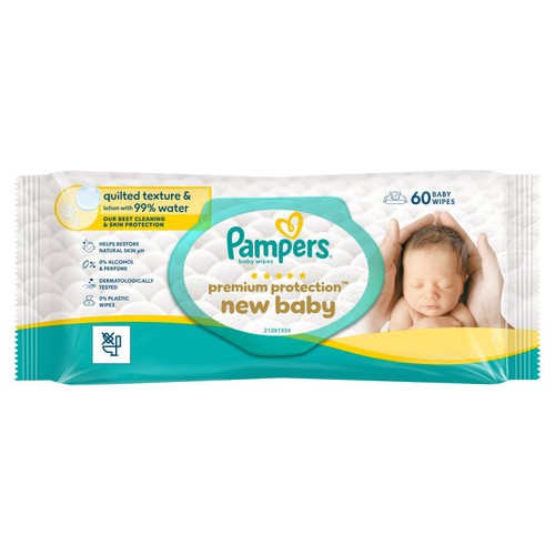 A pack of Pampers Premium Protection New Baby Wipes (60 Wipes) by Pampers, featuring an image of a sleeping baby with hands gently cradling its head. The label emphasizes a quilted texture and 99% water content—ideal for caring for your little one’s delicate skin.