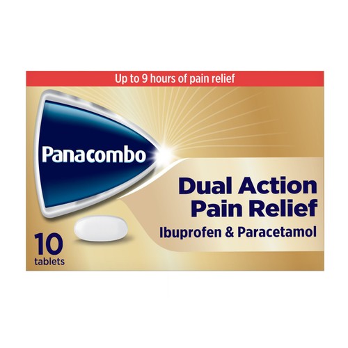 A box of Haleon Panacombo Dual Action Paracetamol 500mg / Ibuprofen 200mg (10 tablets), with packaging featuring both painkillers and claiming up to 9 hours of relief. The box displays an image of a single white tablet.