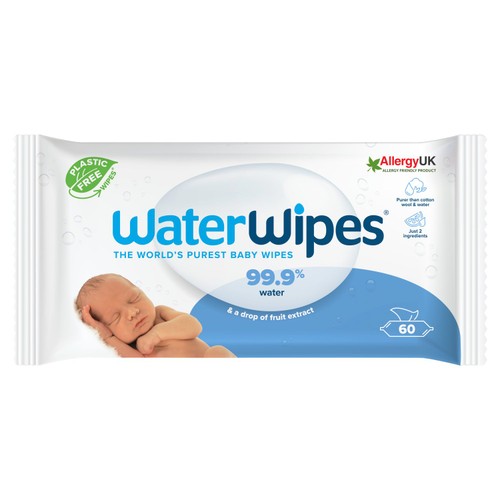 WaterWipes Baby Wipes 99.9% Water (60 Wipes) by Waterwipes are for sensitive skin, feature a sleeping baby image, Allergy UK logo, 99.9% water & a drop of fruit extract text, 60 chemical-free wipes per pack, and a plastic-free icon.
