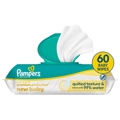 Pampers Premium Protection New Baby Wipes (60 Wipes) by Pampers, shown with the open lid revealing the wipes inside. The packaging emphasizes 60 quilted, gentle wipes made with 99% water and a caring lotion, specially formulated for delicate newborn skin.