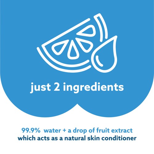 A blue graphic shows a white line fruit slice and water droplet. Text: just 2 ingredients. WaterWipes Baby Wipes 99.9% Water by Waterwipes contains 99.9% water and a drop of fruit extract—gentle for sensitive skin, with no added chemicals.
