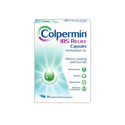Colpermin IBS Relief (20s) by Colpermin contains 20 capsules with peppermint oil to help ease IBS symptoms like painful spasms, bloating, trapped wind, diarrhea, and constipation for targeted relief.
