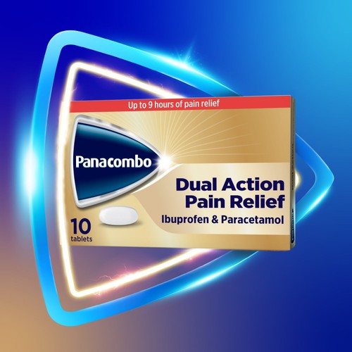 A Haleon Panacombo Dual Action Paracetamol 500mg / Ibuprofen 200mg (10 Tablets) box is shown with a single white tablet and glowing triangle, highlighting up to 9 hours of pain relief.