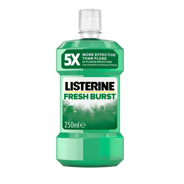 Listerine Freshburst Mouthwash (250ml) by Listerine comes in green and claims to be 5X more effective than floss at reducing plaque bacteria, featuring fresh mint leaves for superior oral hygiene.