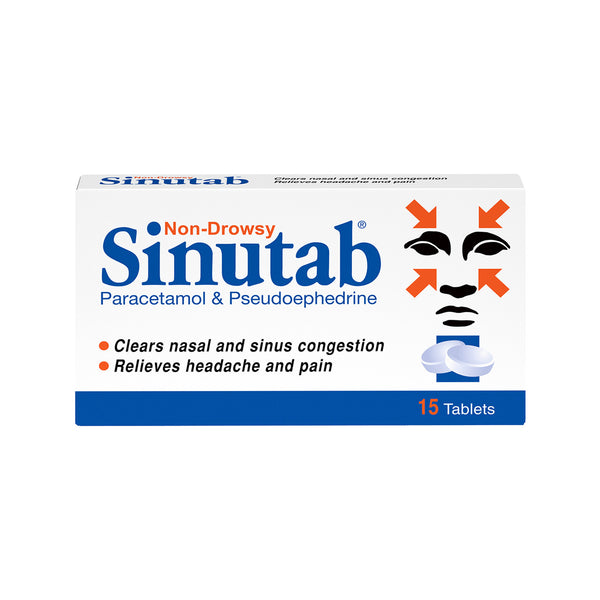 Sinutab Non Drowsy (15 Tablets) by Sinutab combines paracetamol and pseudoephedrine to relieve sinus congestion, headache, and pain. The packaging features a stylized face with arrows and promotes trusted non-drowsy decongestant relief.