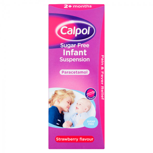 Calpol Infant Suspension Strawberry Sugar Free (200ml) by Calpol, for pain and fever relief in babies aged 2 months and over. The pink and purple box shows a woman with her baby.