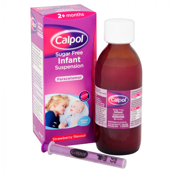 A 200ml bottle of Calpol Infant Suspension Strawberry Sugar Free with its box, showing a woman and baby smiling, plus a purple dosing syringe. The box is labeled Paracetamol for pain and fever relief. Brand: Calpol.