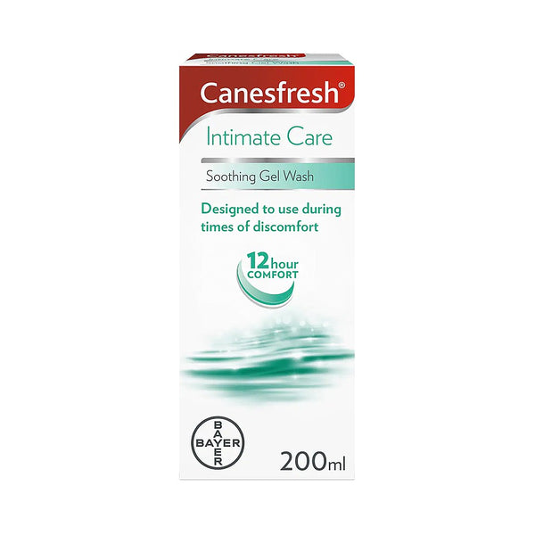 The Canesfresh Soothing Gel Wash (200ml) box is white with red and teal accents, offering soothing and refreshing care for intimate discomfort. Key features include 12 hour comfort and the Bayer logo at the bottom.