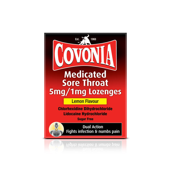 The image shows a Covonia Medicated Sore Throat Lozenges- Lemon (36 Loz) box, featuring red packaging with white text that highlights its lemon flavor and sugar-free nature. It includes lidocaine hydrochloride and chlorhexidine dihydrochloride for effective relief.