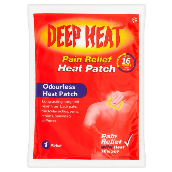 The image shows a Deep Heat Pain Relief Heat Patch package in red and yellow, ideal for therapeutic heat. It offers up to 16 hours of relief for muscular aches and back pain. The patch is odourless, ensuring comfort during use. Contains one patch.