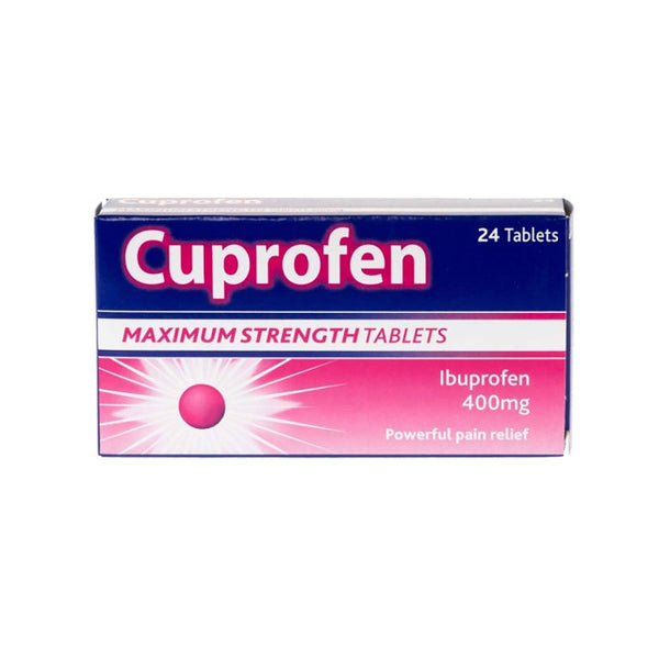 Box of Cuprofen Ibuprofen Tablets 400mg - (24 Tablets) with a blue and pink design provides strong pain relief and anti-inflammatory support.