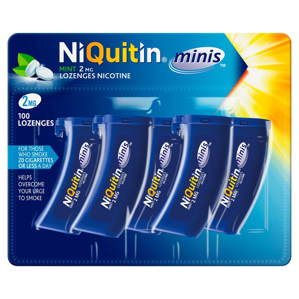 The NiQuitin Mint 2mg Nicotine-Lozenges Minis are packaged with five blue containers, catering to smokers of 20 cigarettes or less daily. With 100 lozenges, they support smoking cessation by helping to overcome the urge to smoke.
