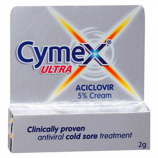 The Cymex Cream 2g packaging showcases a silver box with bold blue letters, highlighting its role as a clinically proven antiviral cold sore treatment for effective lip healing, containing 5% aciclovir.