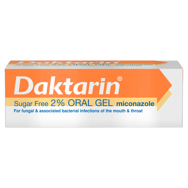 Image of the Daktarin Oral Gel (15g) box with white and orange packaging, highlighting Daktarin, Sugar Free 2% Oral Gel, and its active ingredient miconazole for treating mouth and throat fungal infections.