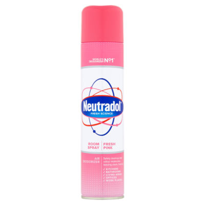 Neutradol Fresh Pink Room Spray (300ml) by Neutradol is an odour eliminator and air deodorizer for bathrooms, kitchens, and living areas.