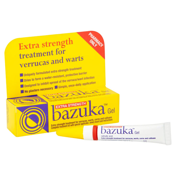 A yellow and purple Bazuka Extra Strength Gel (5g) box labeled for treating verrucas and warts, shown with a white gel tube in front. Packaging features key details and displays "Pharmacy Only.