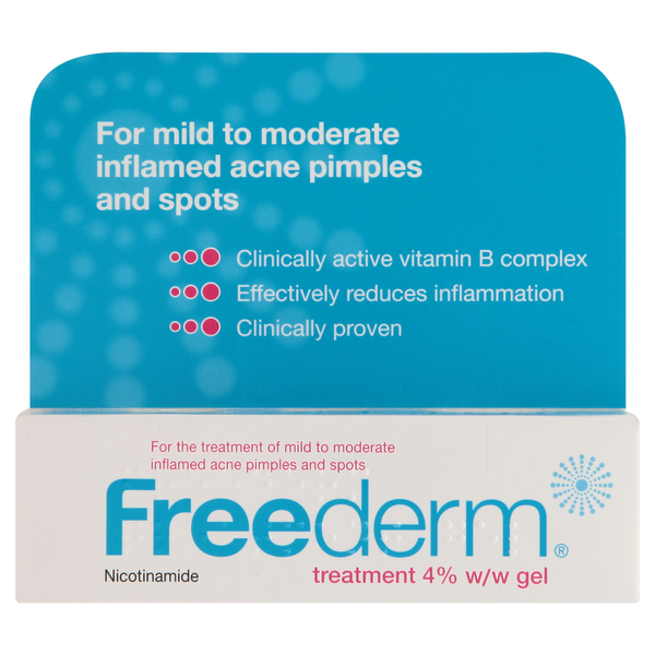 The Freederm Gel 25g packaging promotes its anti-inflammatory action for mild to moderate inflamed acne. The blue label highlights the clinically active vitamin B, featuring 4% nicotinamide for inflammation reduction and clinically proven results.