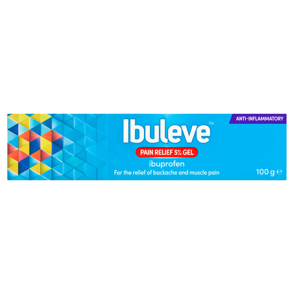 A blue 100g box of Ibuleve Pain Relief Gel 5% by Ibuleve, designed for backache and muscle pain relief, with a geometric pattern on the left and an anti-inflammatory label at the top right.