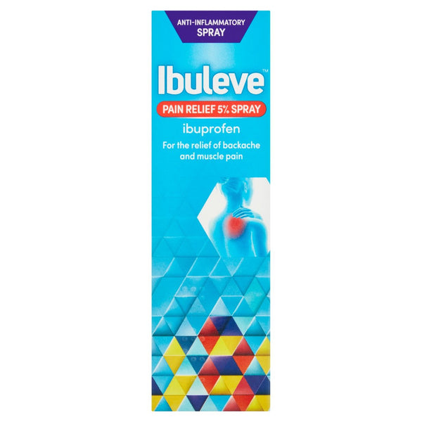 A box of Ibuleve Pain Relief Spray 5% (35ml), an anti-inflammatory ibuprofen spray for backache and muscle pain relief, features a geometric pattern and an image of a person holding their shoulder.