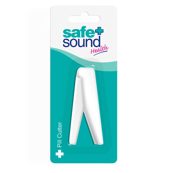 The Safe and Sound Pill Cutter (1 Device) by Safe and Sound comes in plastic packaging with a teal and white design. Pill Cutter is written vertically on the left, ideal for accurate medication dosing.