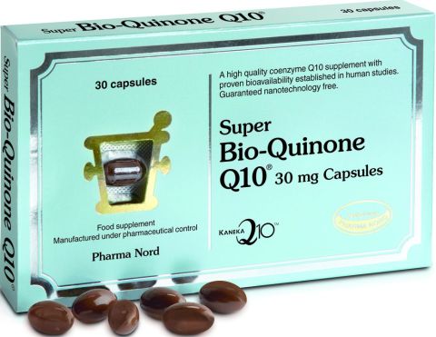 Pharma Nords Super Bio-Quinone Q10 30mg (30 Capsules) package showcases a coenzyme Q10 vial with scattered capsules, highlighting their high bioavailability for energy production, and assures nanotechnology free.