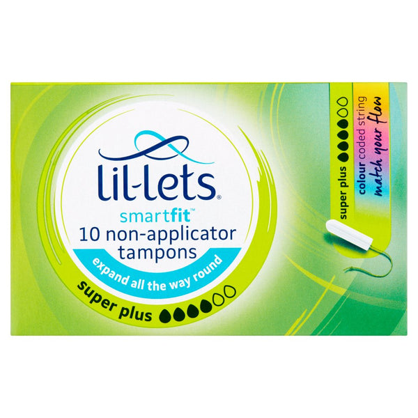 A 10-pack of Lil-Lets SmartFit Super Plus non-applicator tampons, in colorful packaging with a small tampon illustration on the right.