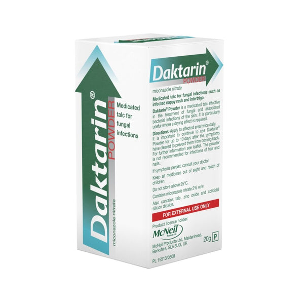 Daktarin Powder (20g) in a white box features green and red text with an upward arrow design. Its ideal for treating fungal skin infections, contains miconazole nitrate-enriched talc, and includes external use warnings.