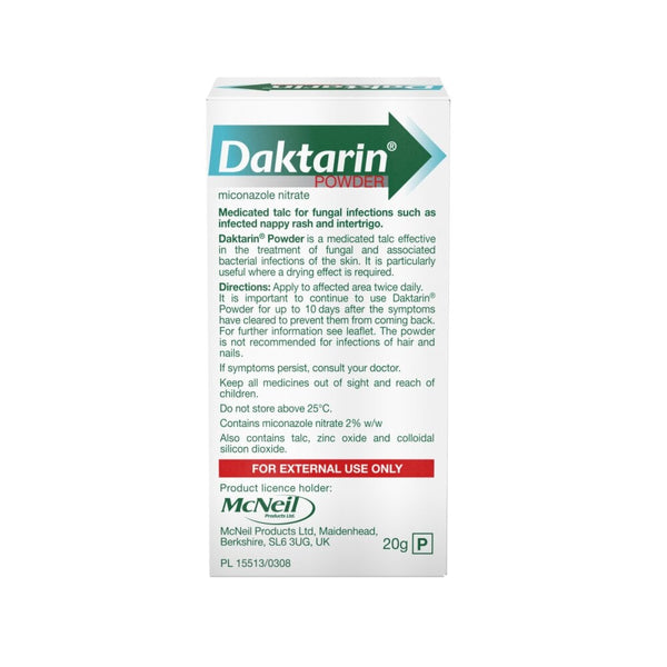 The image shows a 20g box of Daktarin Powder with miconazole nitrate, designed for treating fungal skin infections like nappy rash and intertrigo. It includes usage instructions, warnings, and company details from McNeil Products Ltd.