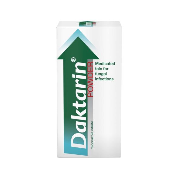 The Daktarin Powder (20g) box features a distinctive green upward arrow and text that reads Daktarin Powder, emphasizing its role as medicated talc for fungal skin infections, enhanced with miconazole nitrate for effective relief.