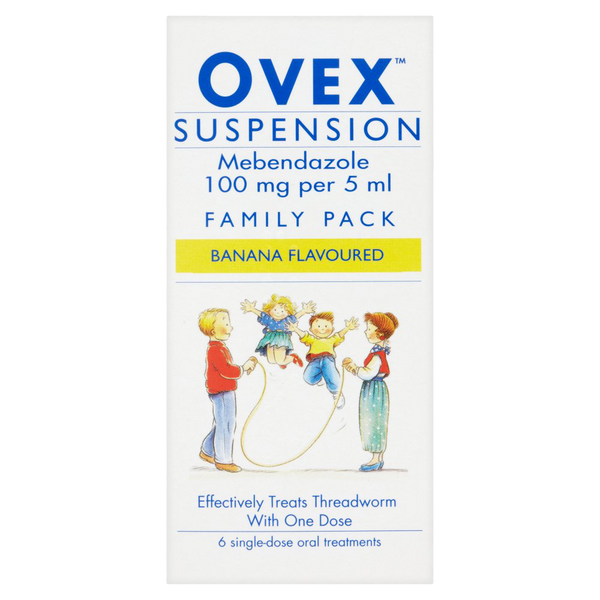 Front view of the Ovex Family Pack Liquid (30ml) box, flavored with banana and containing 100 mg per 5 ml Mebendazole. The packaging is adorned with an illustration of children playing jump rope. This effective solution treats threadworms in one dose, providing six treatments.