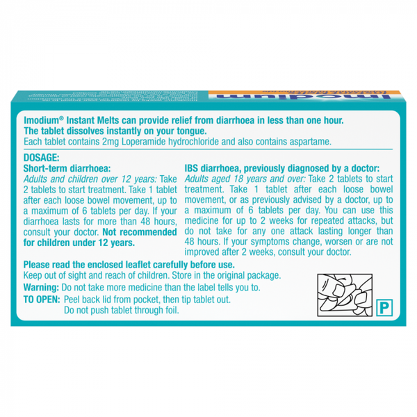 The back of the Imodium Instants Melts (6 tablets) box displays dosage, usage instructions, warnings, and storage guidelines for fast relief from short-term diarrhea and IBS. Enhanced with illustrations, the blue and white design ensures clear communication in every detail.