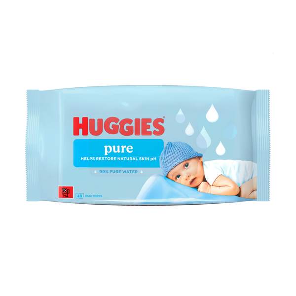 A 48 pack of Huggies Baby Wipes Pure 0% Plastic featuring a baby in a blue knit hat, water droplets, and the message “99% pure water” that helps restore natural skin pH—ideal for sensitive skin.